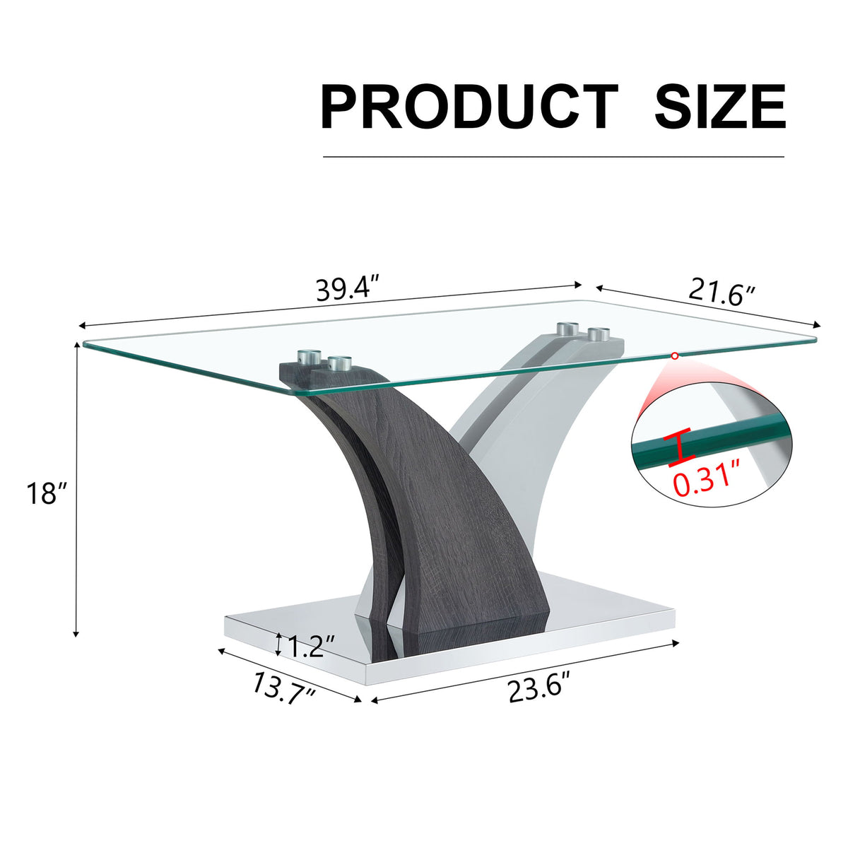 Artistic Rectangular Coffee Table With Tempered Glass Countertop