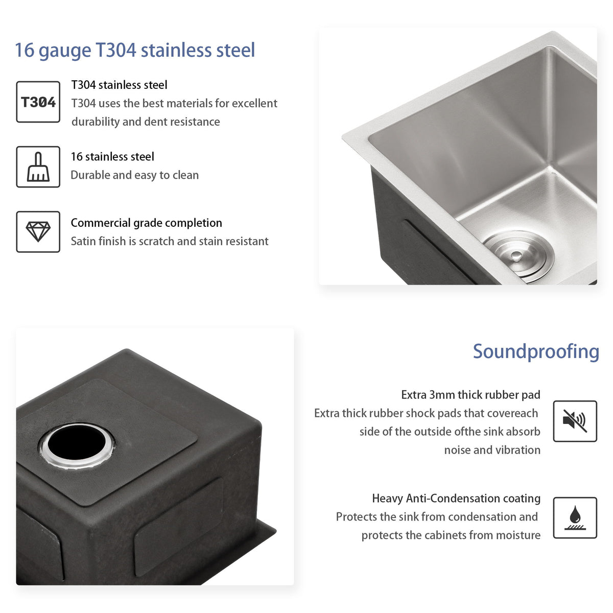 Undermount Stainless Steel Kitchen Sink, Deep Single Bowl Basin