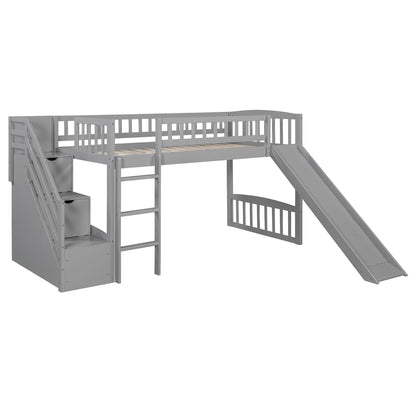 Loft Stairway Bed With 2 Drawers, Convertible Ladder And Slide