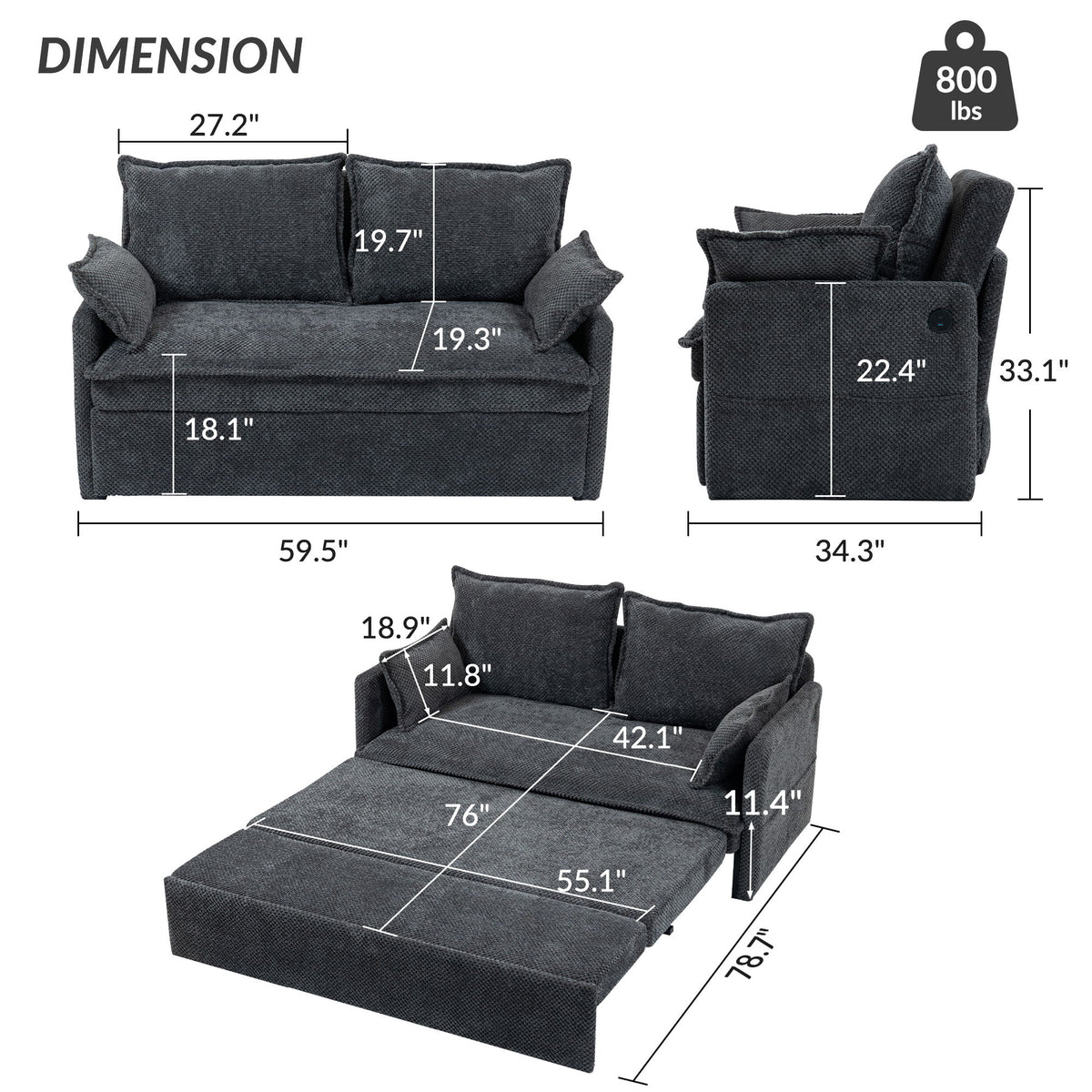 Pull Out Sofa Bed, Convertible Sleeper Sofa Couch, Side Storage, And USB / C - Type Charging Ports Chair
