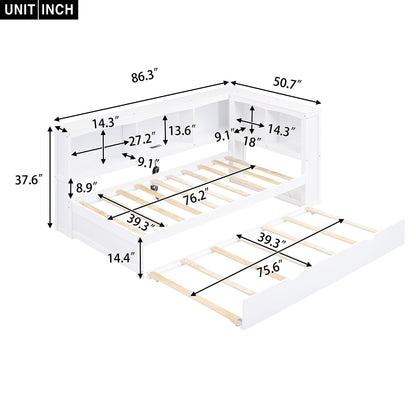 Twin Size Daybed With Trundle, Storage Cabinets, USB Ports - White