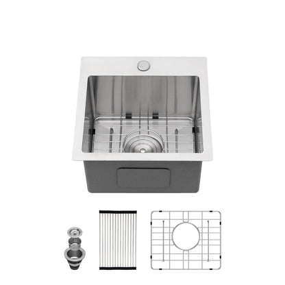 Stainless Steel Drop In Kitchen Sink 15" Topmount 16 Gauge - Brushed Nickel