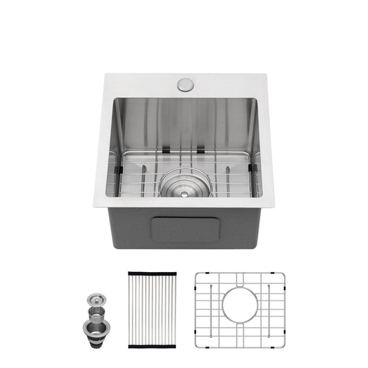 Stainless Steel Drop In Kitchen Sink 15" Topmount 16 Gauge - Brushed Nickel