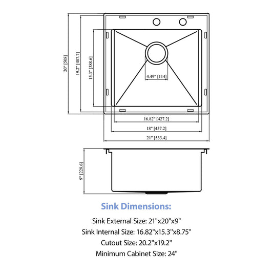 21" Drop In Kitchen Sink With Pull Out Faucet And Sink Cover, 16 Gauge - Brushed Nickel