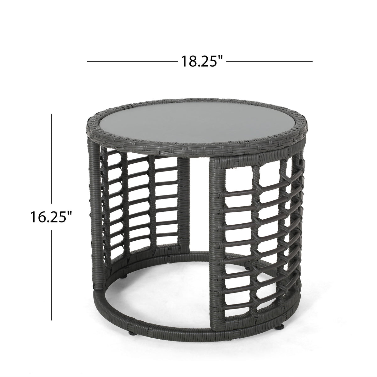 Achill - Outdoor Modern Boho Wicker Side Table With Glass Top - Gray