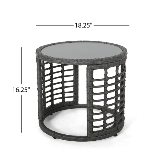 Achill - Outdoor Modern Boho Wicker Side Table With Glass Top - Gray