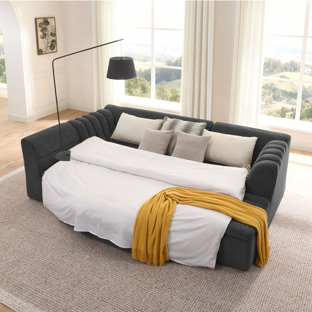 U-Shaped Modular Sectional Sofa With Chaise And Movable Ottoman, Wave-Shaped Armrest, No Pillows Included - Black