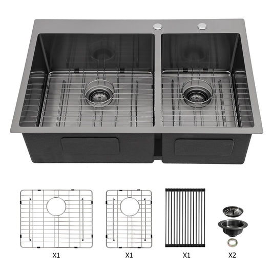 Double Bowl Kitchen Sink 16 Gauge 33" X 22" With 2 10" Deep Basins - Gunmetal Black