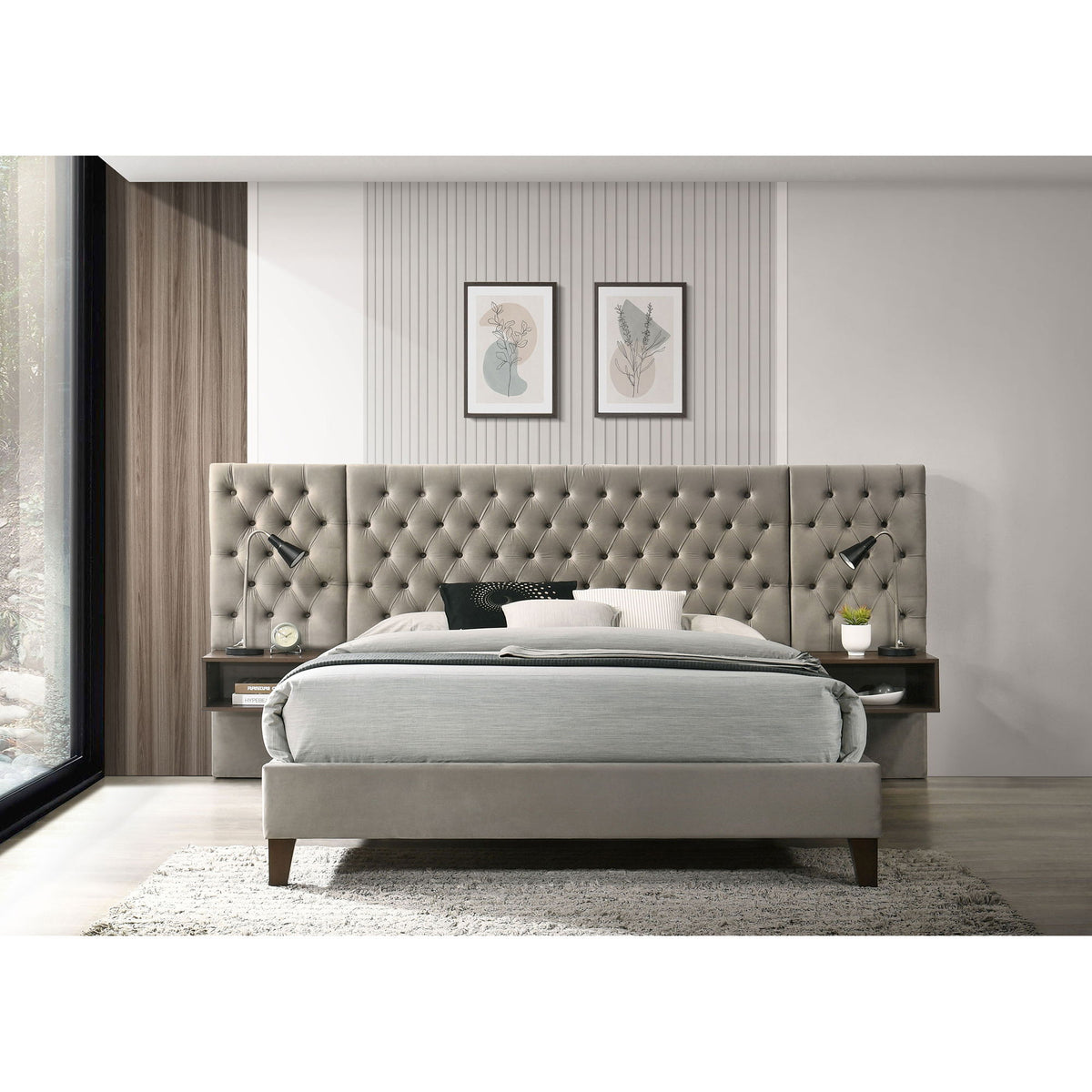 Kiah - Queen Wall Panel Bed With Floating Nightstands - Light Brown