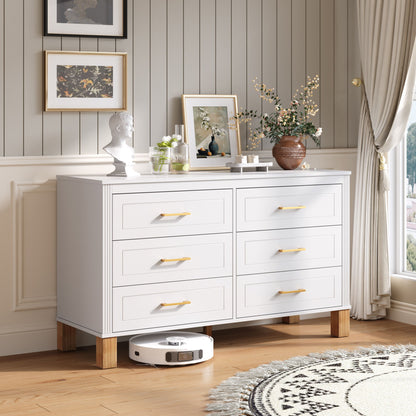 6 Drawer Double Dresser With Handles, Storage Cabinet - White