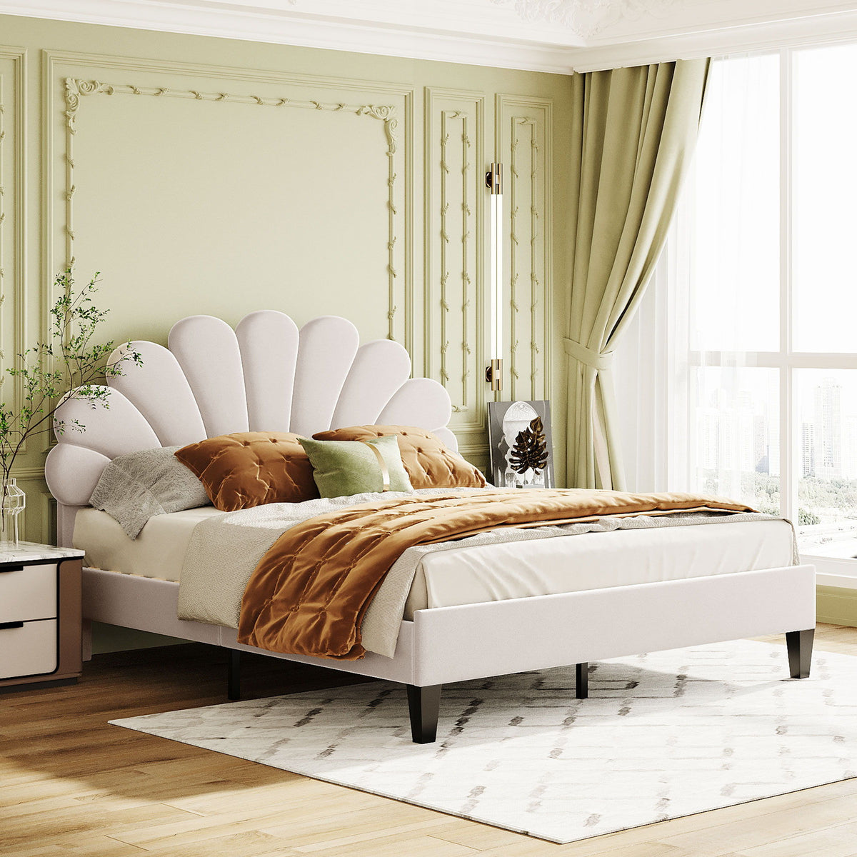 Upholstered Platform Bed With Flower Pattern Headboard