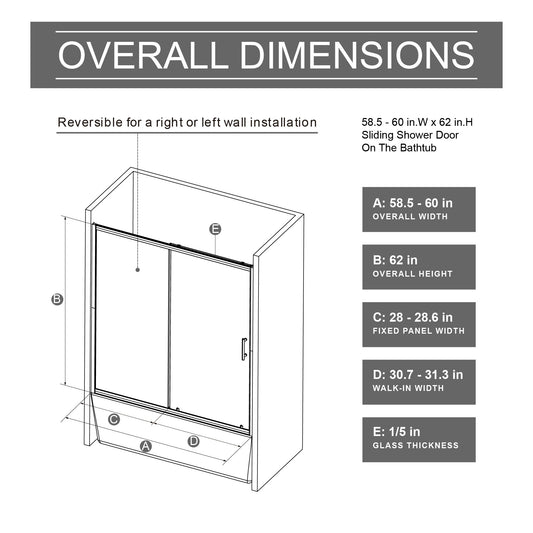 Sliding Shower Door For Bathtub - Matt Black