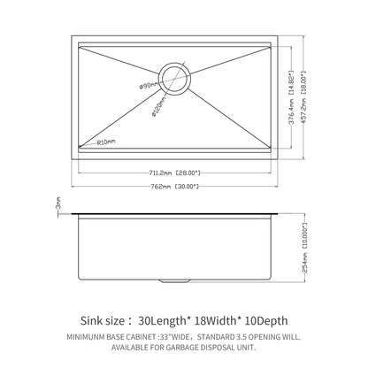 Workstation Kitchen Sink 30" X 18" X 10" Single Bowl Undermount 16 Gauge - Gunmetal Black