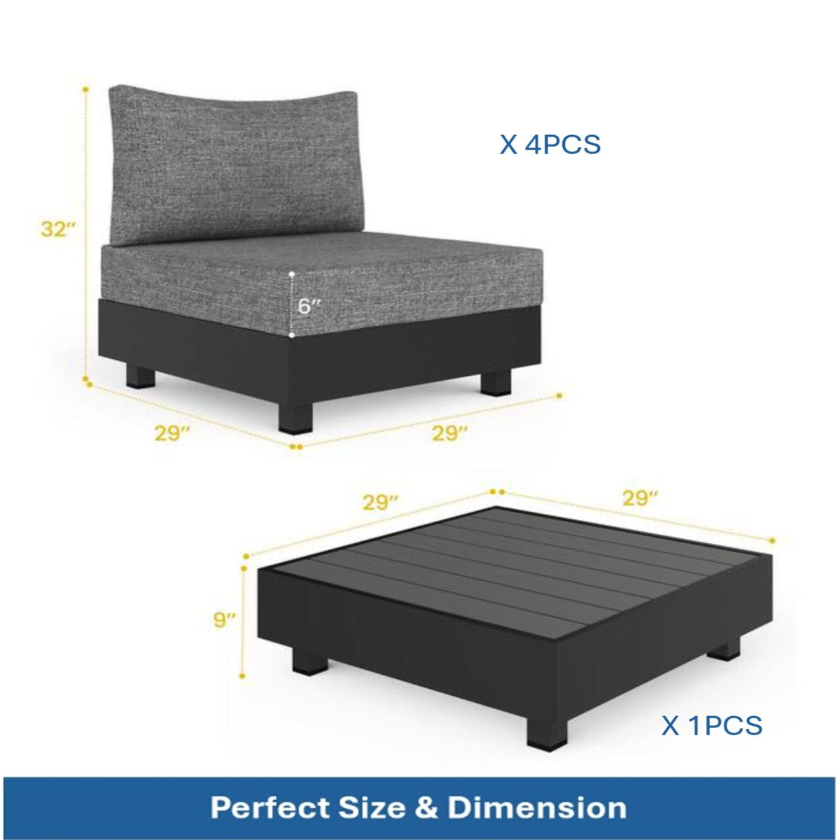 Patio Sectional Set With Modular Armless Chairs And Coffee Table - Gray