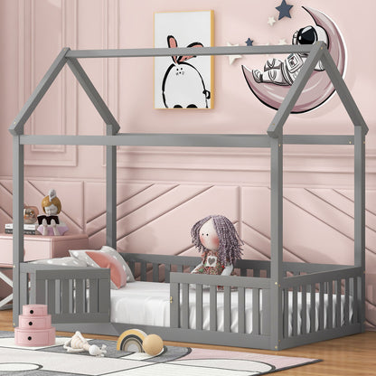 Wood House Bed With Fence And Door