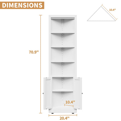 Tall Corner Storage Cabinet With 2 Doors, 5-Tier With Adjustable Shelves, Freestanding - White