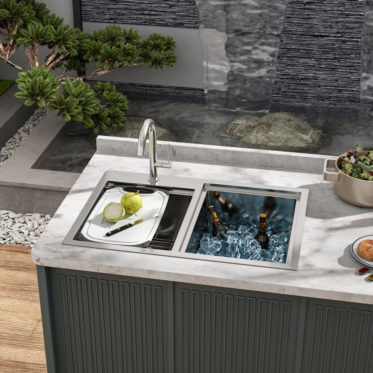 Outdoor Double Bowl Drop In Sink With Workstation - Brushed Nickel