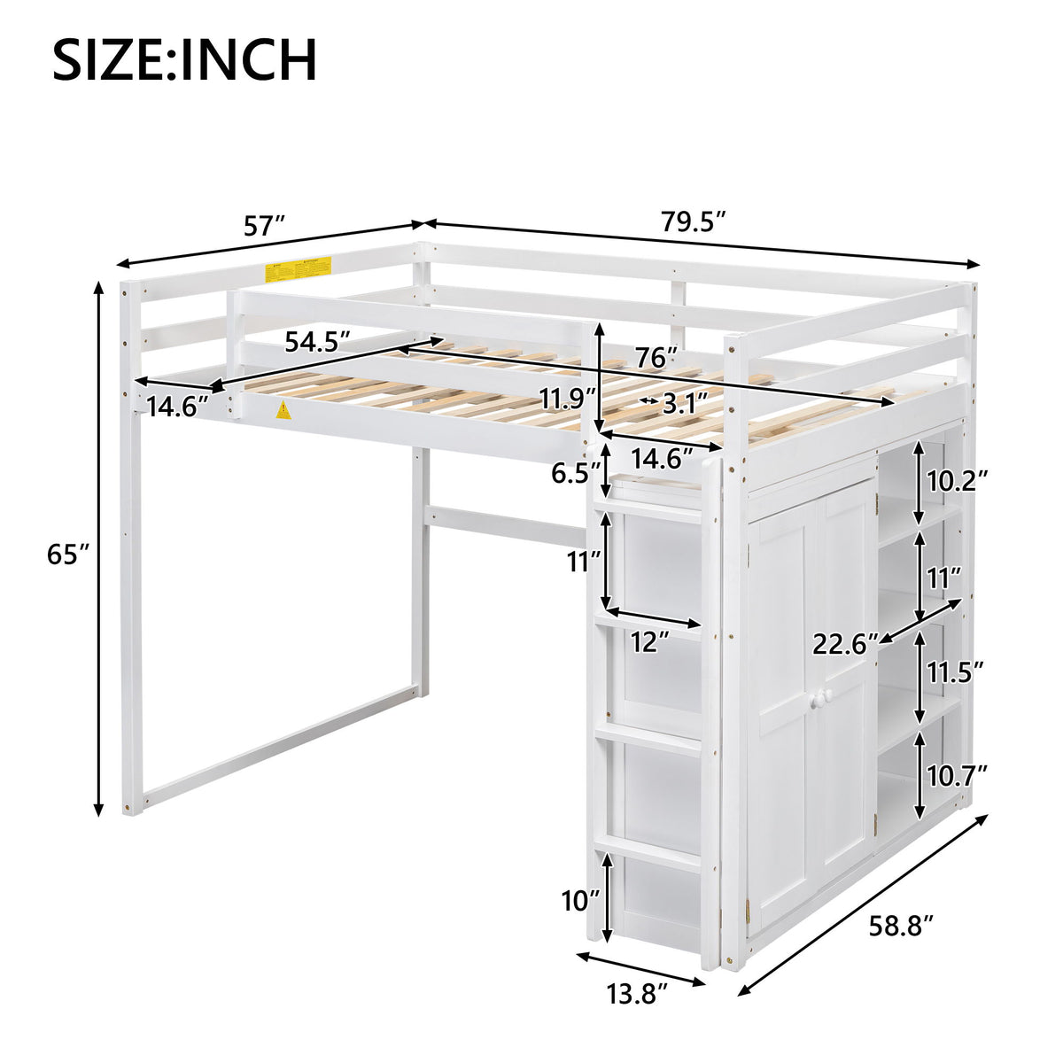 Loft Bed With Built In Wardrobe, Storage Shelves, And LED Light