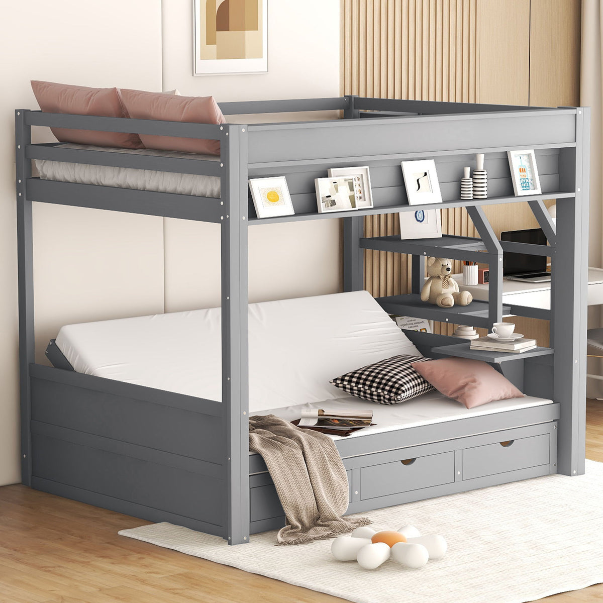 Wood Full Size Convertible Bunk Bed With Storage Staircase, Bedside Table, And 3 Drawers - Gray