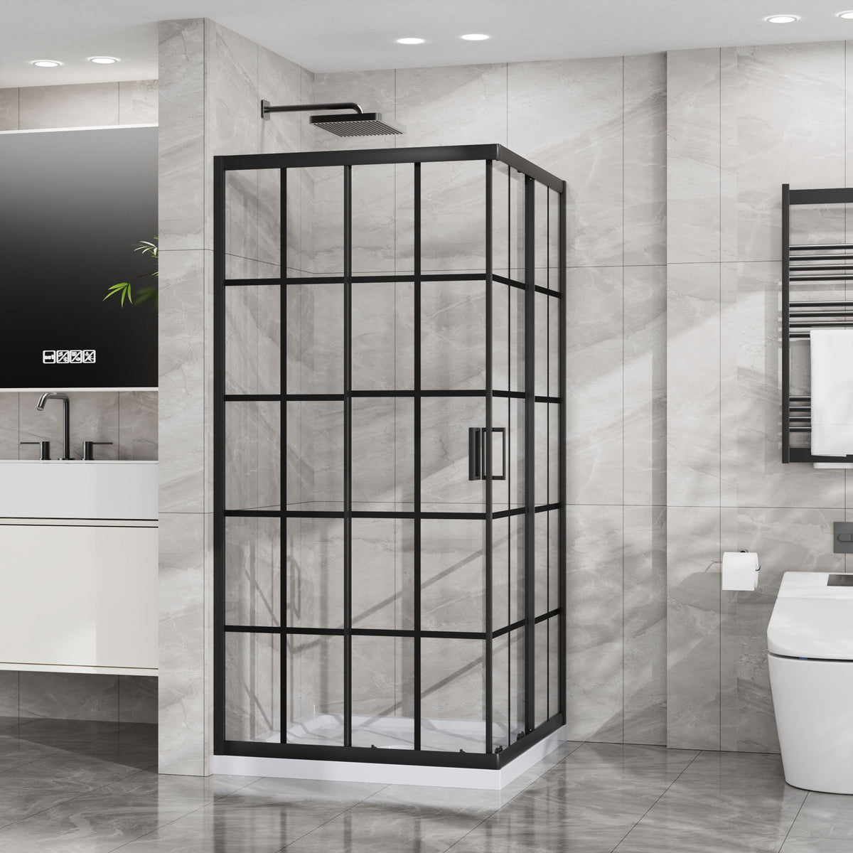 Corner Shower Enclosure Double Sliding Door & Shower Base - Matte Black