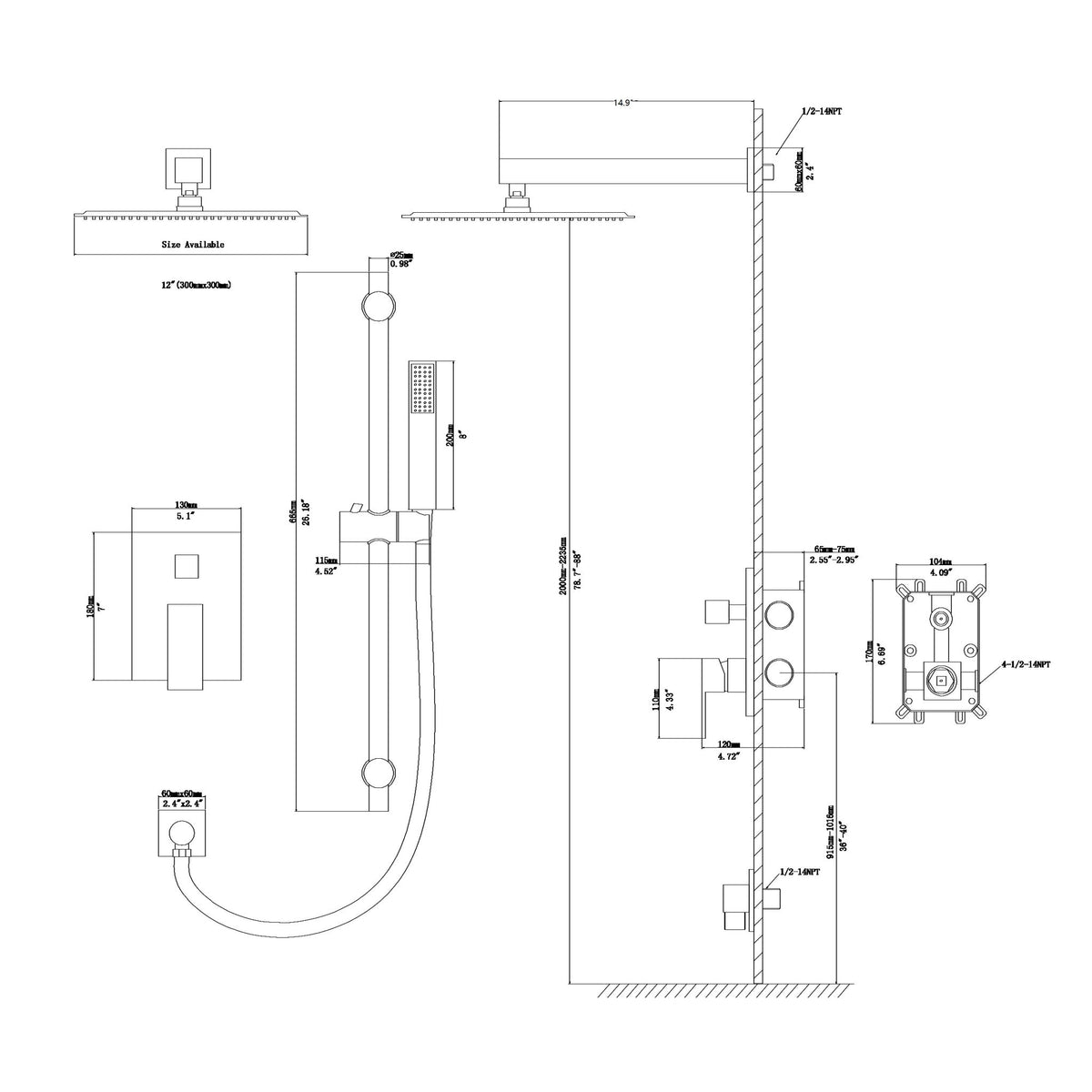 Wall Mounted Shower System With Adjustable Slide Bar And Rough In Valve, 12" Square Design - Brushed Nickel