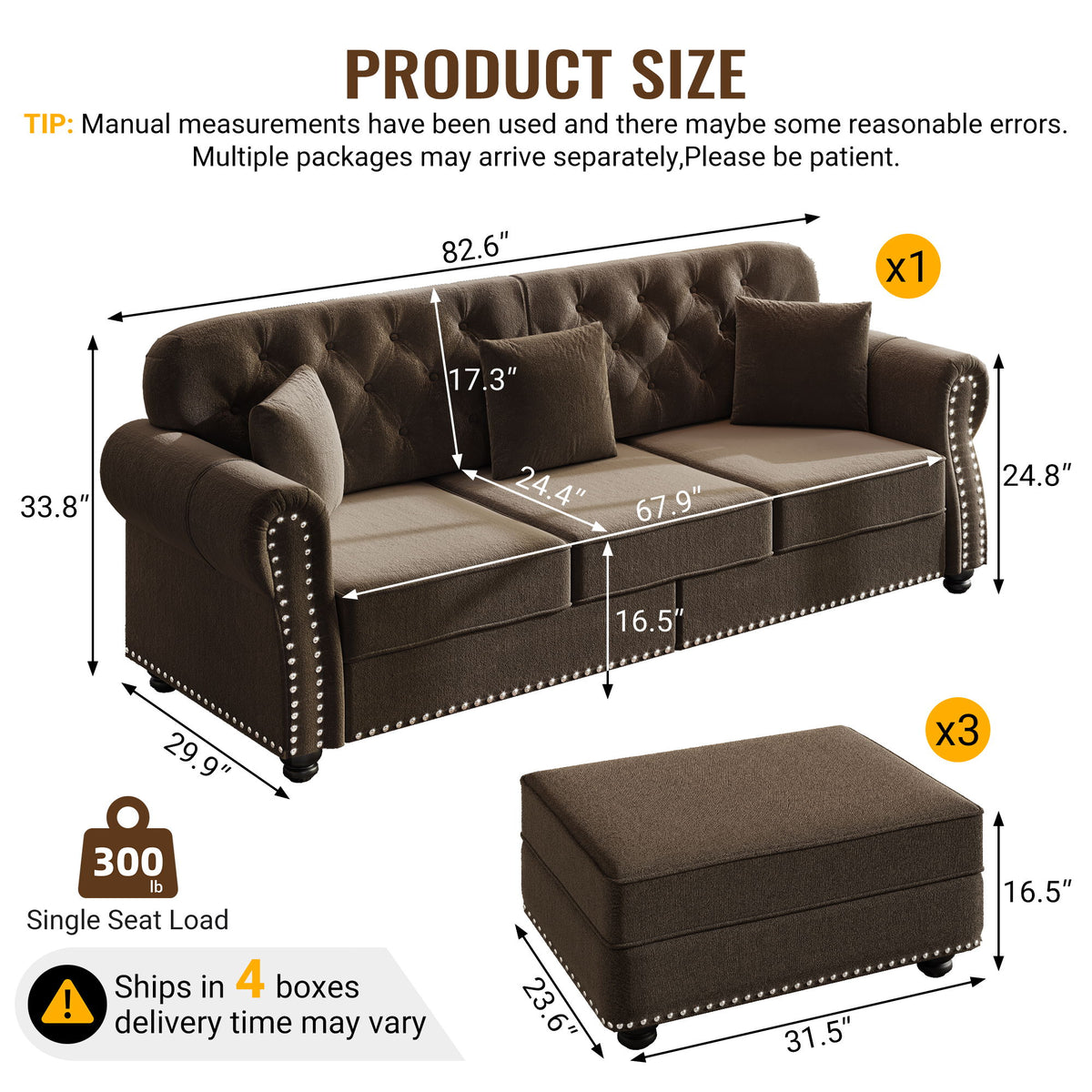 Upholstered Sofa Set With Nailhead Trim And Rolled Armrests, Includes Pillows