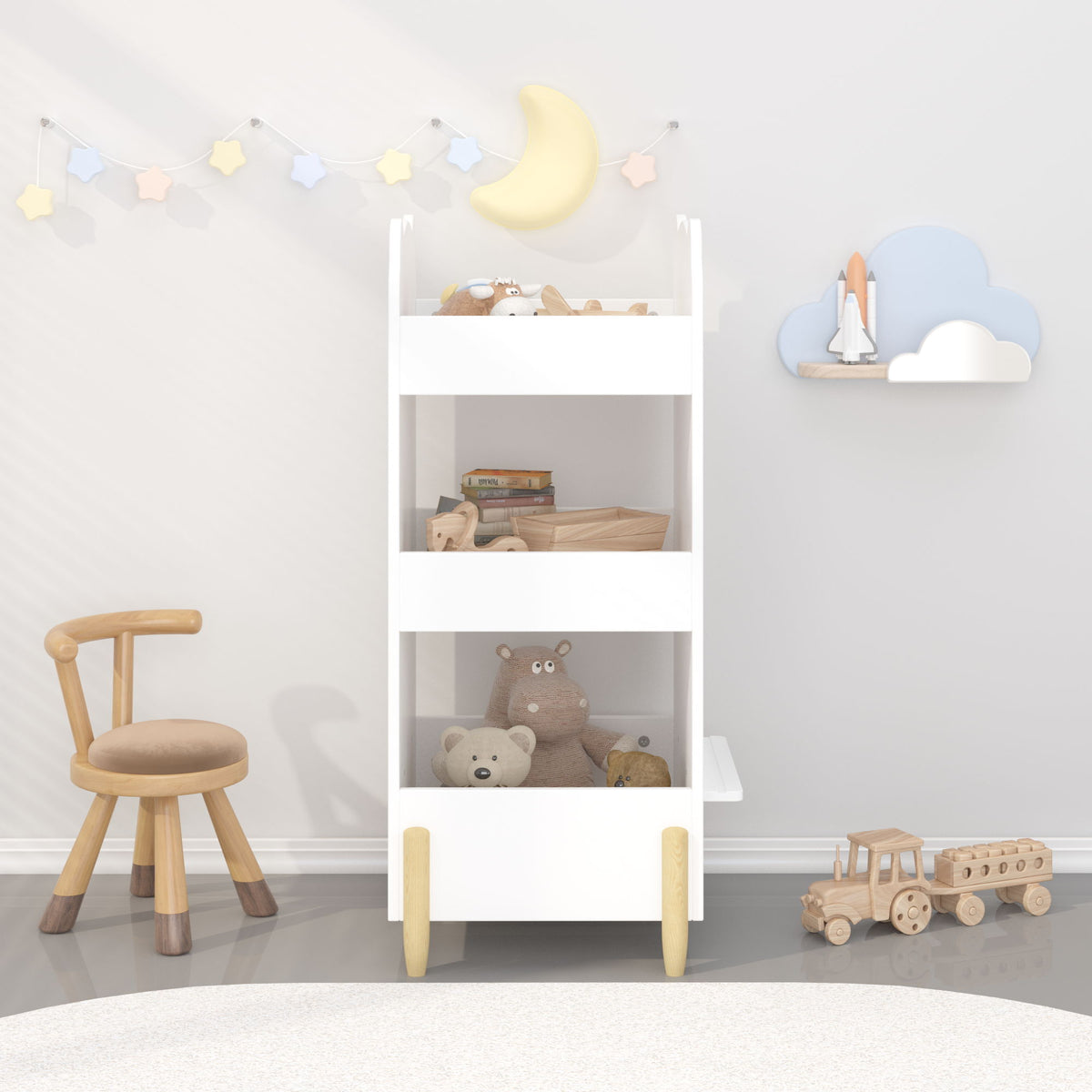Bear Shaped Bookshelf With Chalkboard Side, 3 Tier Storage Organizer For Playroom - White