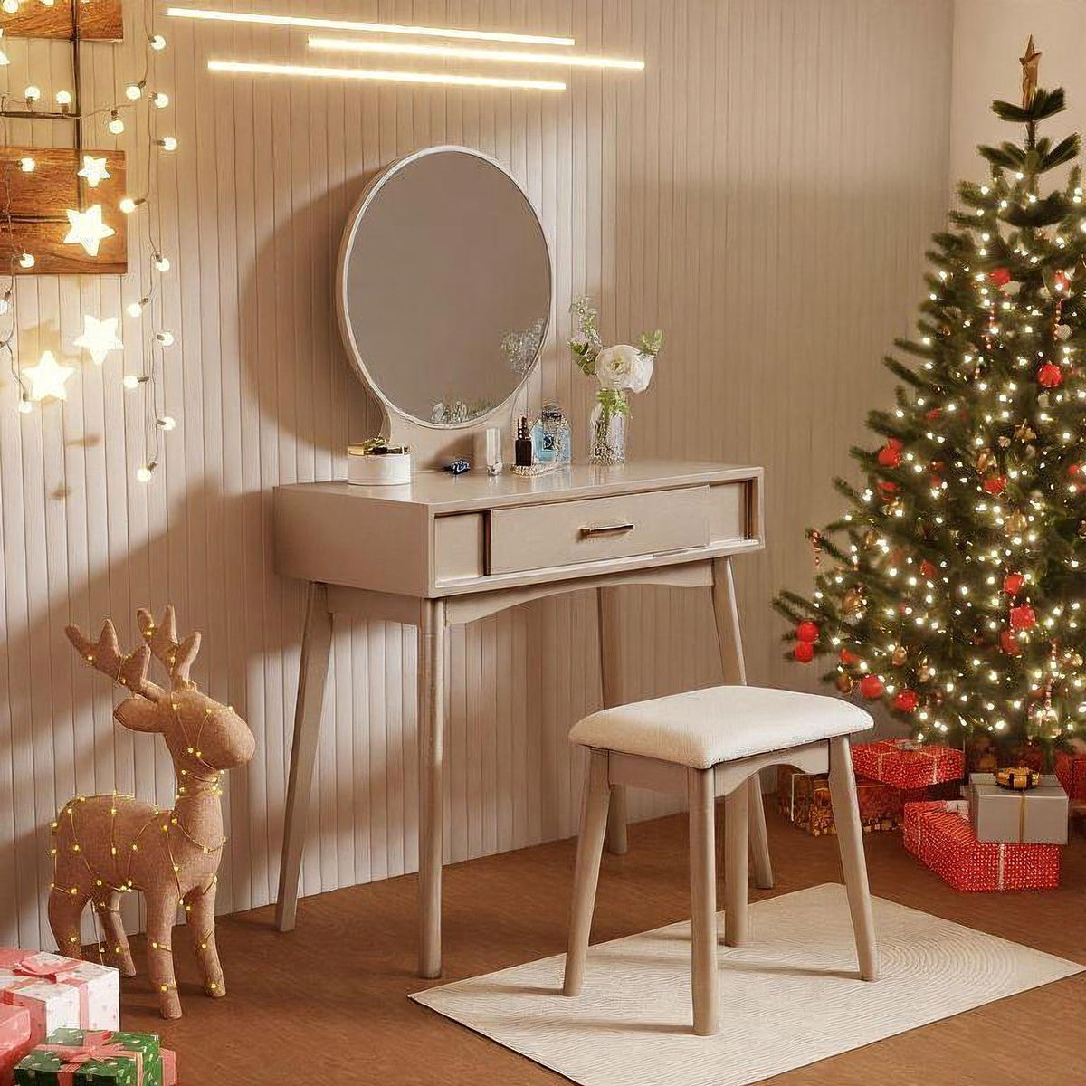 Maly - Contemporary Wood Vanity And Stool Set - Gold