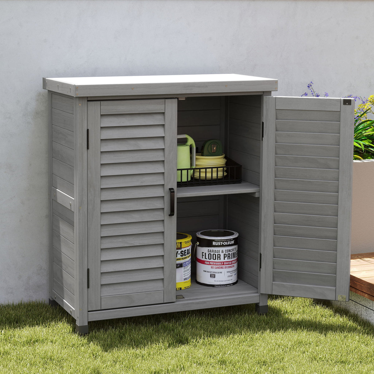 Potting Bench With Storage Cabinet And Metal Table Top For Outdoor