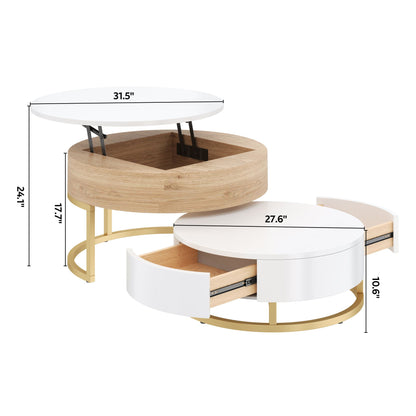 Modern Round Lift-Top Nesting Coffee Tables With 2 Drawers