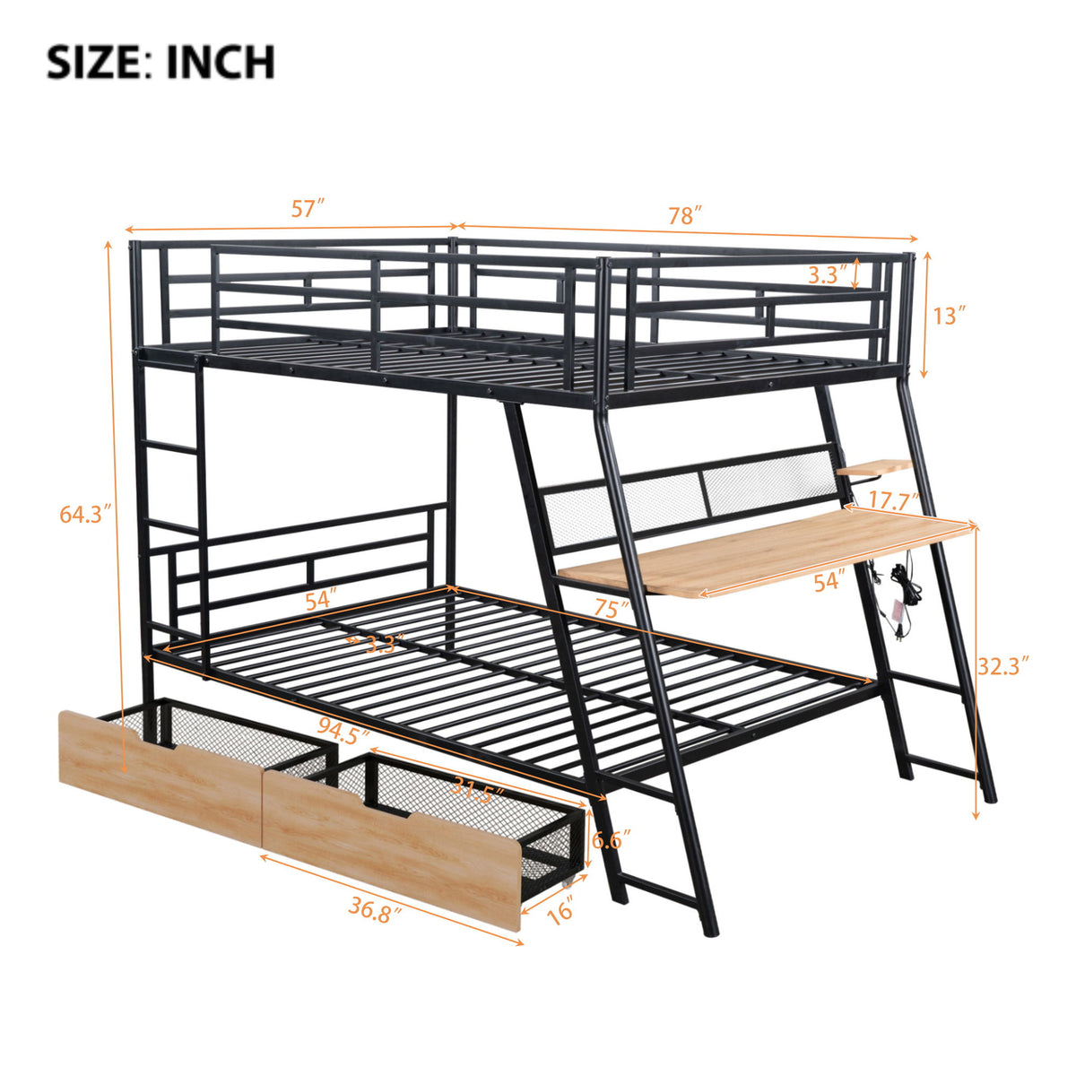 Full Size Bunk Bed With Built In Desk, Light, And 2 Drawers - Black