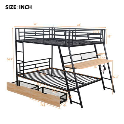 Full Size Bunk Bed With Built In Desk, Light, And 2 Drawers - Black