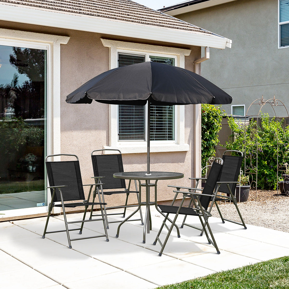 Outsunny - Patio Dining Set With Table Umbrella, Folding Chairs And Dining Table, Outdoor Patio Furniture Set