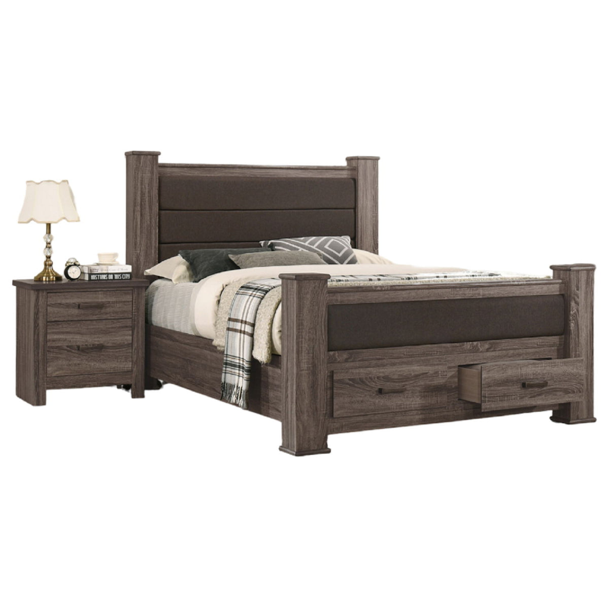 Queen Size Bed & Upholstered Headboard And Footboard Drawers - Brown