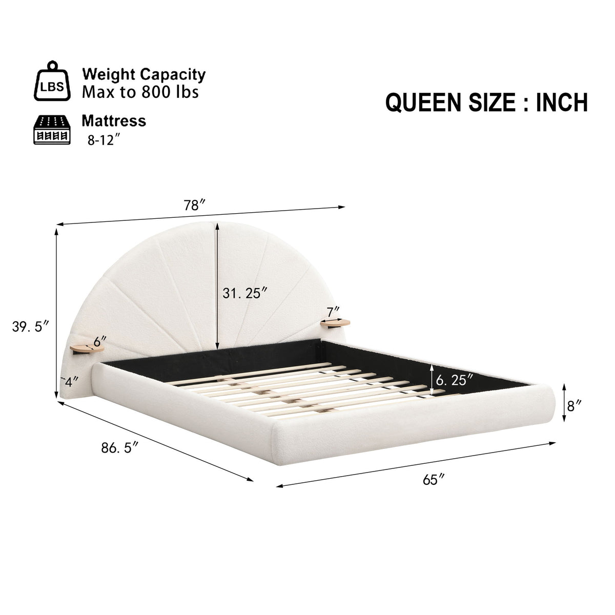 Queen Arched Bed With Small Table, Floor Standing Design - Beige