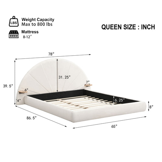 Queen Arched Bed With Small Table, Floor Standing Design - Beige
