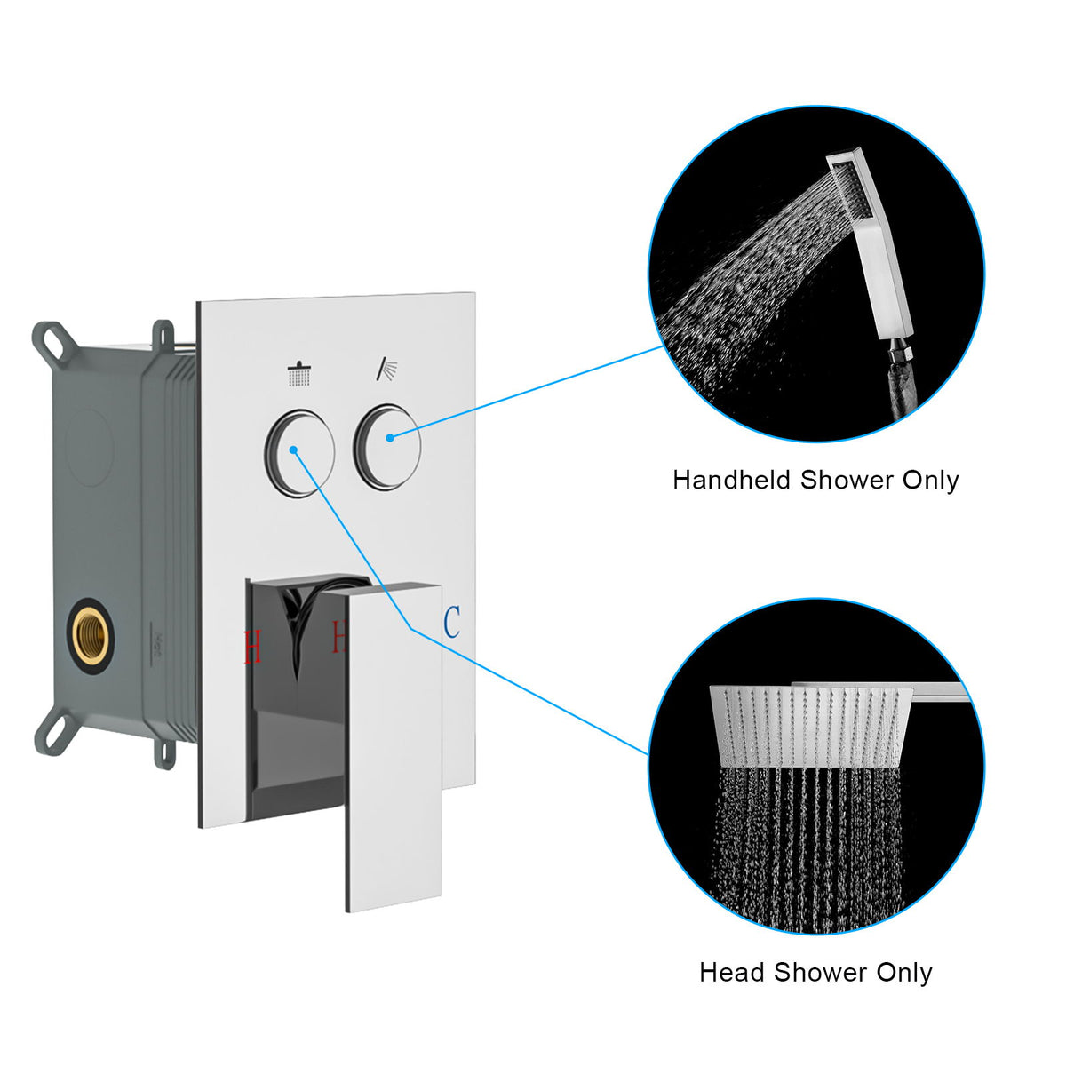 Dual Shower Head System With Square Rain Shower And Rough In Valve