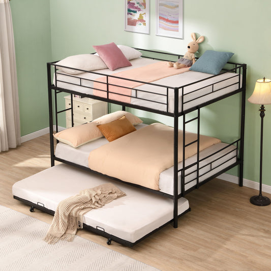 Full Over Full Modern Metal Bunk Bed With Trundle - Black