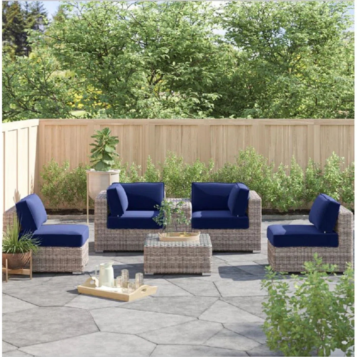 Wicker Seating Group Set With Table And Cushions