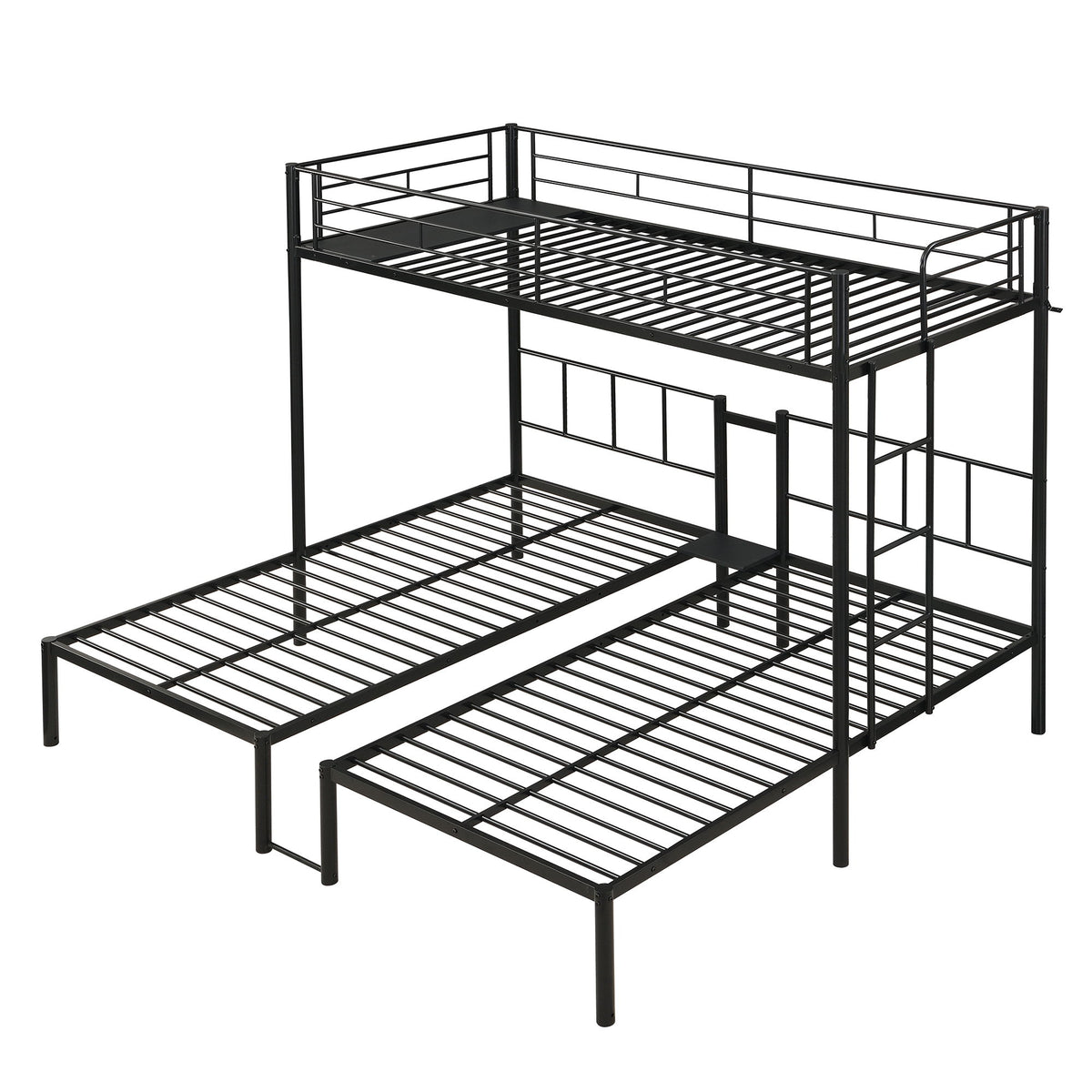 Twin Over Twin Over Twin Triple Bunk Bed With Safety Rails And Storage Shelf - Black
