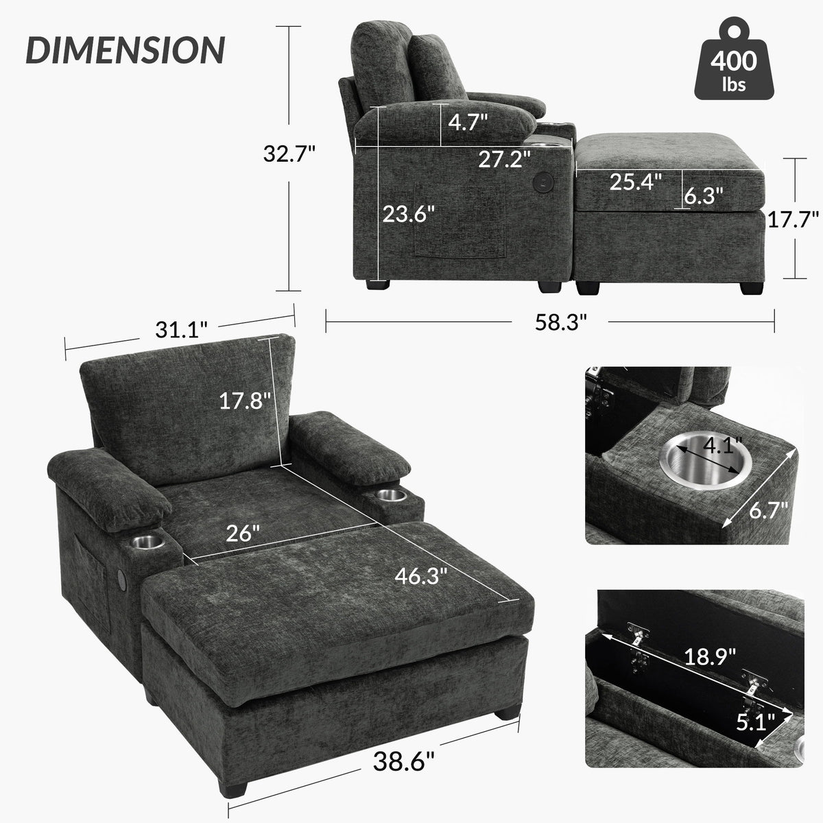 Modern Oversized Chair With Ottoman, Cupholders And USB Charging Ports
