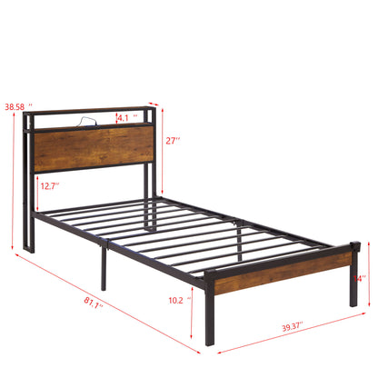 Platform Bed Frame With Wooden Headboard And Footboard, USB Liner