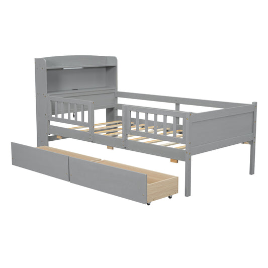 Platform Bed With LED Light, Multi Functional Headboard, Guardrail And 2 Drawers