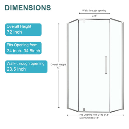 Semi Frameless Neo Angle Hinged Shower Enclosure With Clear Tempered Glass - Brushed Silver