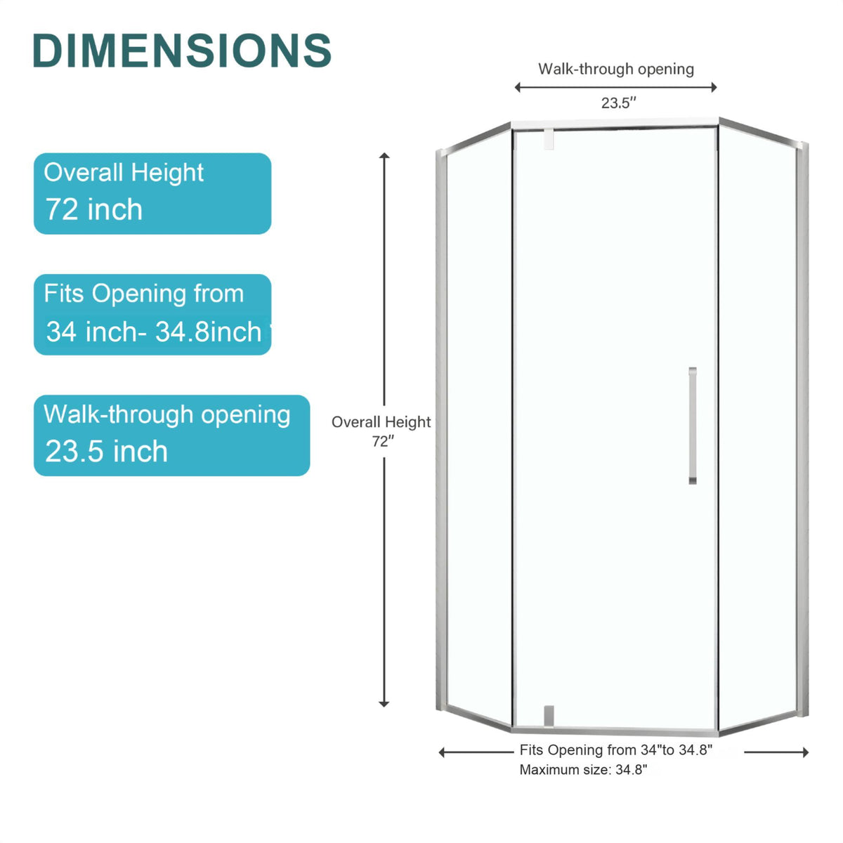 Diamond Shaped Corner Shower Door, Inward Sliding, Stainless Steel Frame