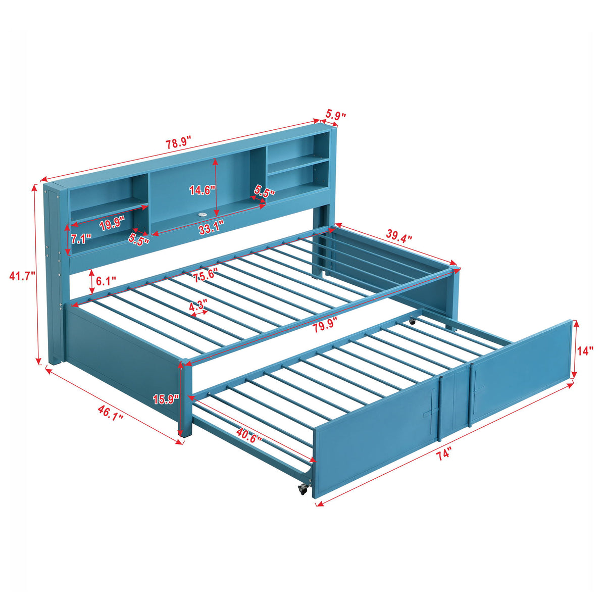 Twin Daybed With Trundle, Storage Shelves, USB Ports Frame - Blue