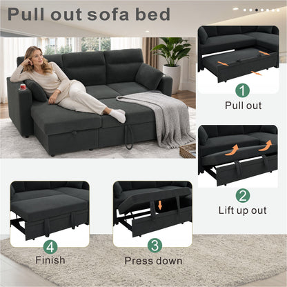 Convertible Sectional Sofa With Storage Chaise, Cup Holders And Pull Out Sleeper