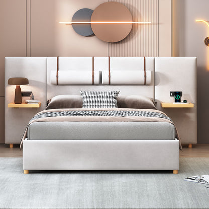 Upholstered Platform Bed, 2 Outlets And USB Charging Ports On Both Sides, 2 Bedside Pillows, Storage Shelves