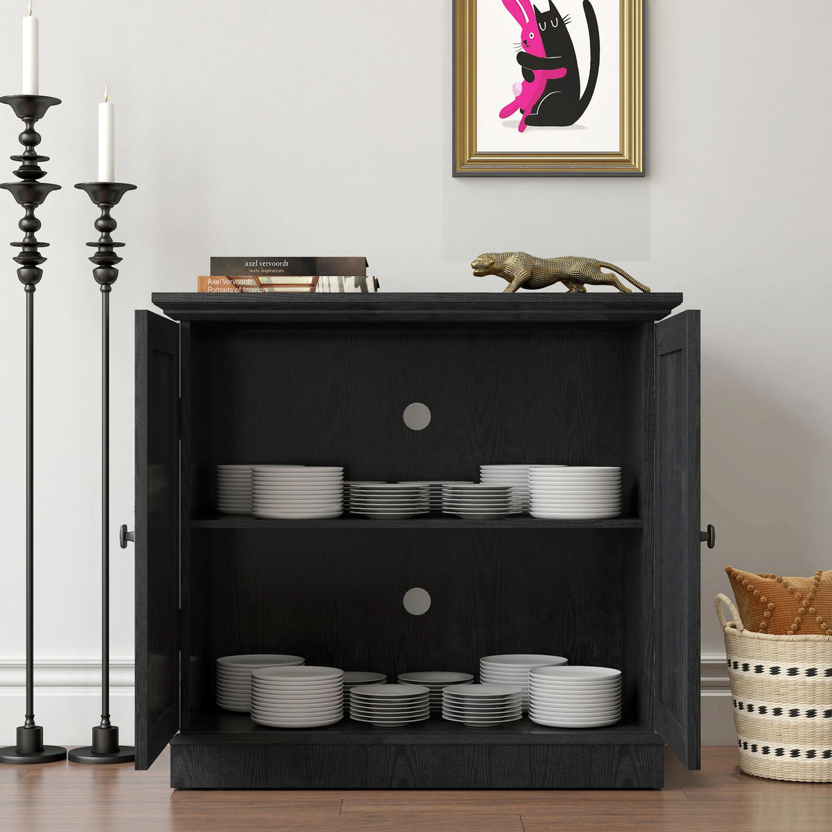 Sideboard Cabinet With Mirrored Doors, Adjustable Shelf, Metal Handles