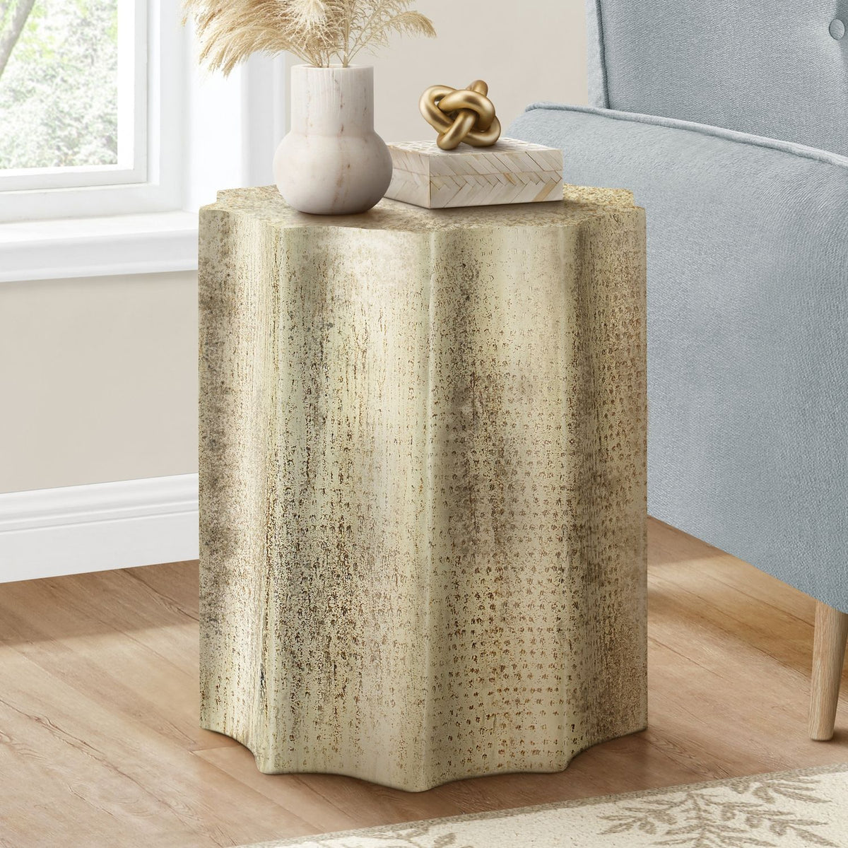Drum Accent Side Table, Stylish Scalloped Design
